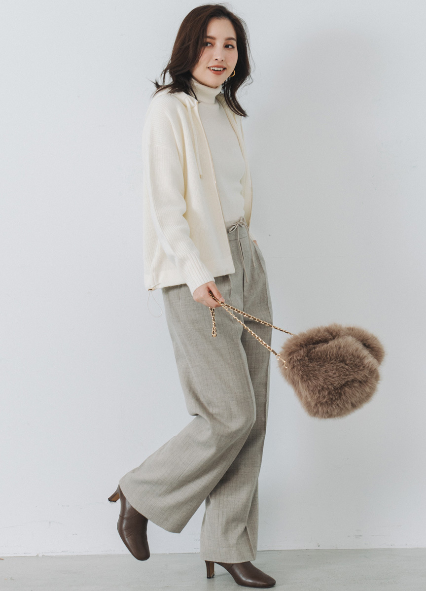 法蘭絨條紋綁帶寬褲